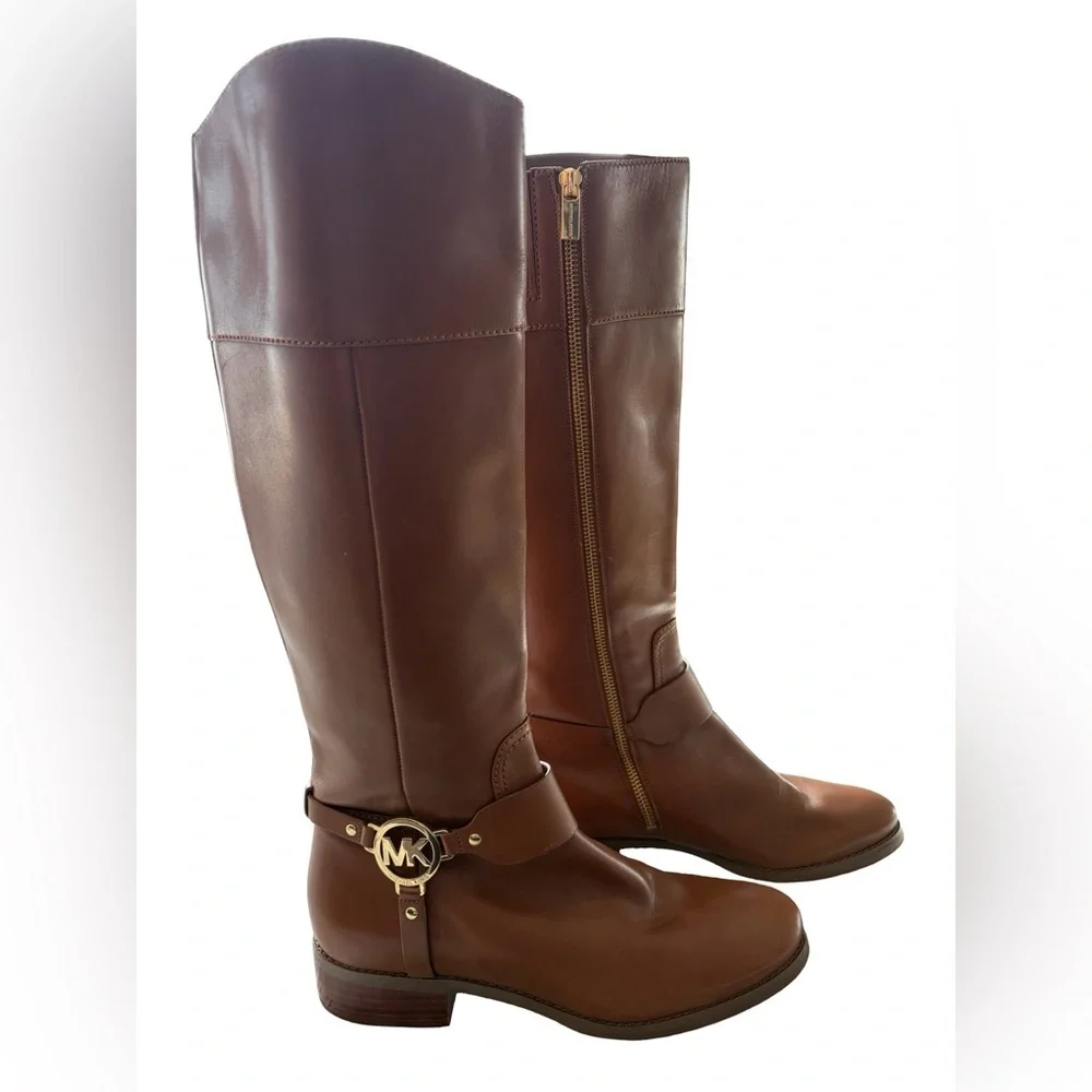 Michael Kors Chestnut Brown Leather Boots with Gold MK Accent